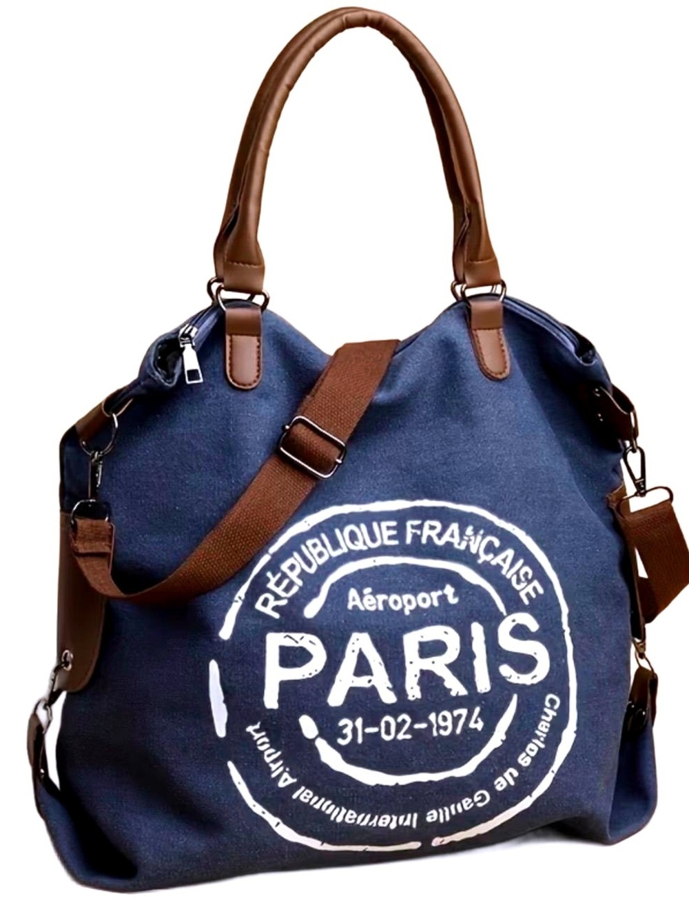 New -Excellent -Blue & White Canvas /Faux Leather Paris Print Shoulder Tote Bag
